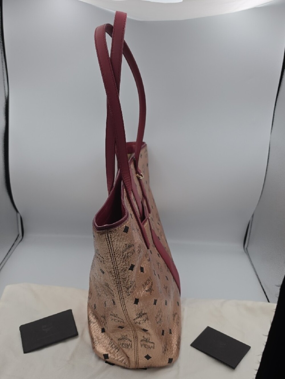 MCM Rose Gold Metallic Vietos Burgundy Stripe Gold Hardware Large Tote (EUC)✨️ - Picture 7 of 15